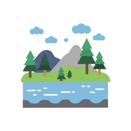 Flat Vector Landscape with Mountains, Lake, and Treesのイラスト素材