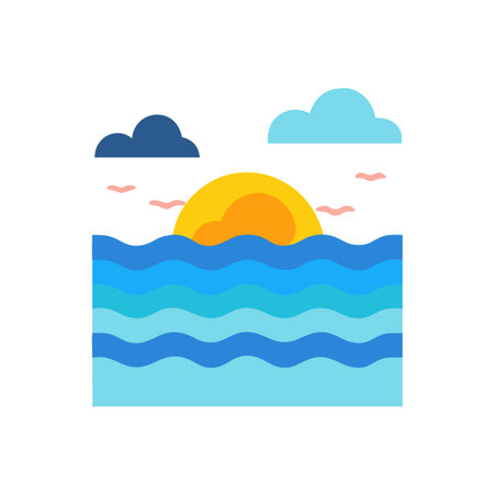 Vibrant Seaside Sunset Vector Illustration with Waves and Cloudsのイラスト素材
