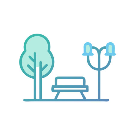 Park Bench, Tree, and Lamp Post Illustrationのイラスト素材