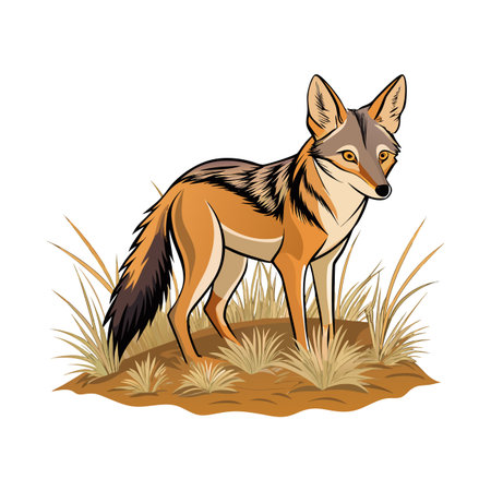 Isolated Cartoon Jackal Standing in Grass Against White Background Illustrationのイラスト素材
