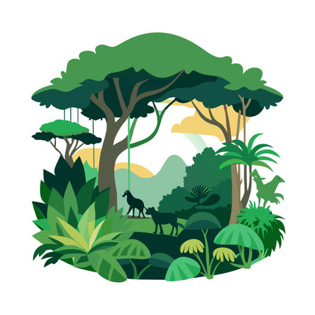 Animals in stylized jungle landscape with lush vegetation and serene atmosphereのイラスト素材