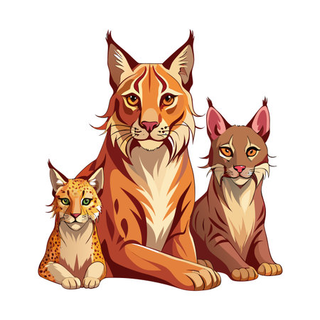 Three Lynx Cartoon Illustration: Group of Wildcats in Family Portrait Styleのイラスト素材