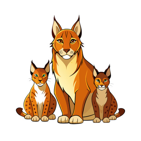 Stylized illustration of a lynx family: mother and two cubs sitting togetherのイラスト素材