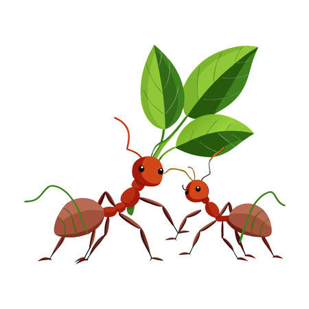 Two cartoon ants collaborating to carry a branch with green leaves togetherのイラスト素材