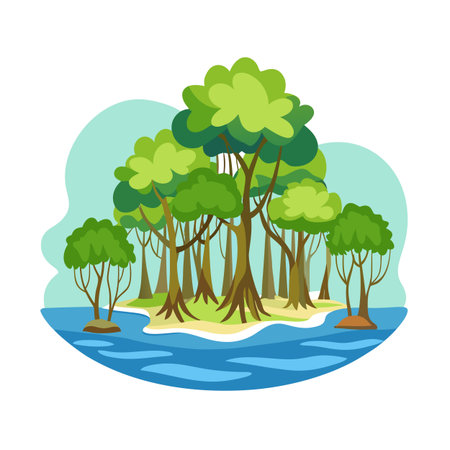Cartoon illustration of an isolated tropical island with dense green vegetationのイラスト素材
