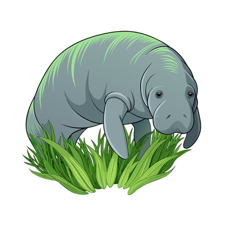 Cute cartoon manatee in bright green seagrass grazing happily in the oceanのイラスト素材
