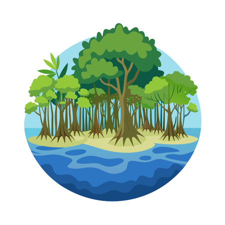 Cartoon island with mangrove trees and blue water vector illustration isolated.のイラスト素材