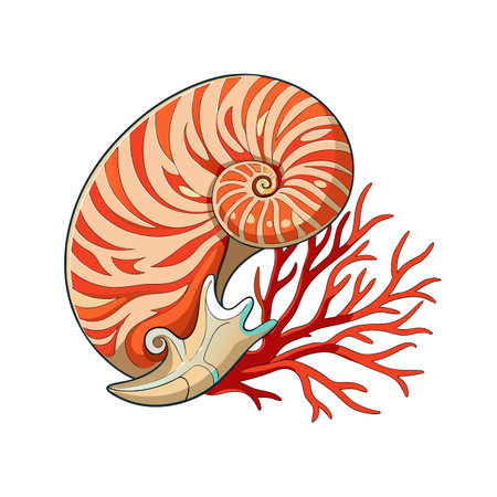 Cartoon nautilus shell with coral illustration, vibrant colors, sea life conceptのイラスト素材