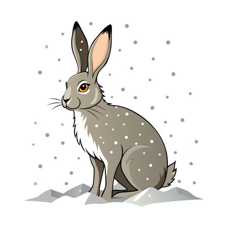Cartoon hare sitting in the snow during a light winter snowfallのイラスト素材