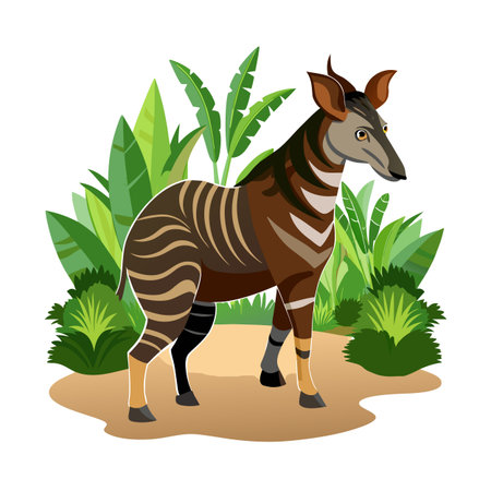 Cartoon Okapi in Lush Jungle Foliage Illustration for Children and Educational Purposesのイラスト素材