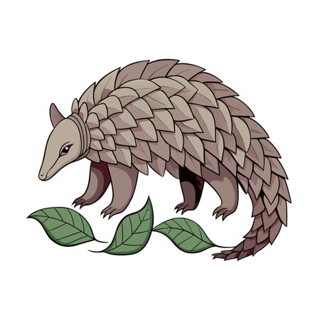 Cartoon Pangolin Walking Next to Green Leaves on White Background, Illustrationのイラスト素材