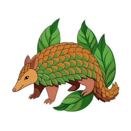 Stylized Pangolin with Green Leaves Against White Backdrop in Cartoon Styleのイラスト素材