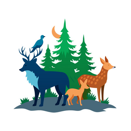 Stylized illustration of a deer family with evergreen trees and a birdのイラスト素材