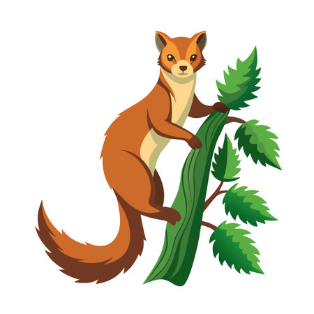 Illustration of a cute cartoon marten climbing a stylized green tree branchのイラスト素材