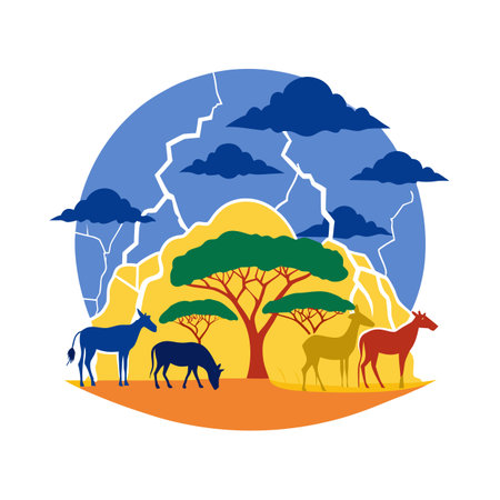 African Landscape Silhouette Illustration With Animals And Dramatic Skies In Flat Designのイラスト素材