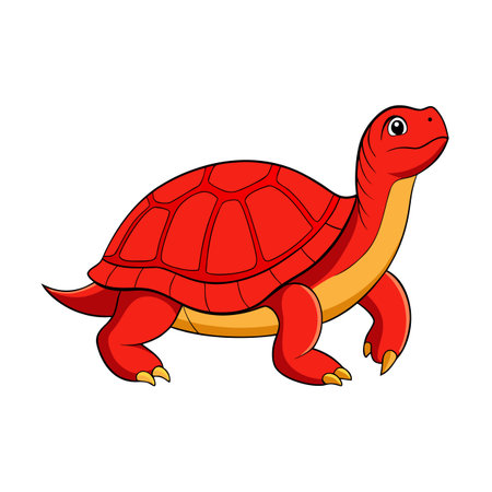 Cartoon Red Turtle Walking Upright with Yellow Accents on a White Backgroundのイラスト素材