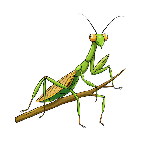 Illustration of a green mantis perched on a brown branch with white backgroundのイラスト素材