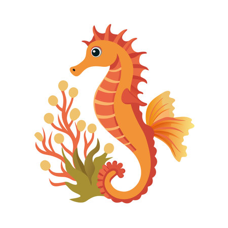Stylized seahorse illustration with seaweed and coral, in warm cheerful colorsのイラスト素材