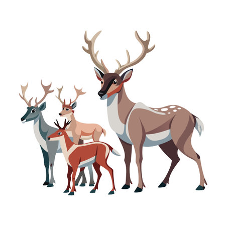 Stylized Illustration of a Deer Family Group Standing Together on a White Backgroundのイラスト素材