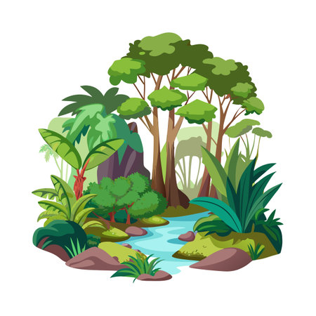 Lush Jungle Scene with River: Illustration of Tropical Forest and Waterのイラスト素材