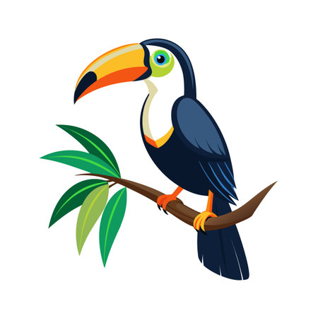 Colorful Toucan Illustration Perched on a Branch with Leaves on a White Backgroundのイラスト素材