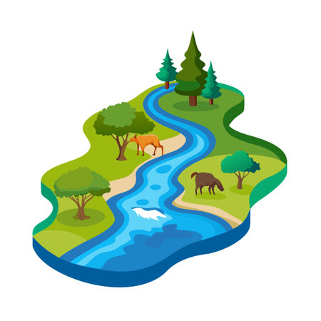 Isometric view of a natural landscape with river, trees, and animalsのイラスト素材