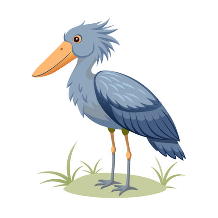 Cartoon illustration of a Shoebill stork standing on a grassy fieldのイラスト素材