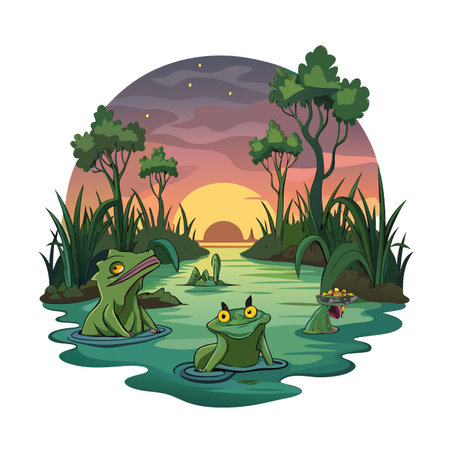 Cartoon swamp scene with frogs trees sunset and moon landscape illustrationのイラスト素材