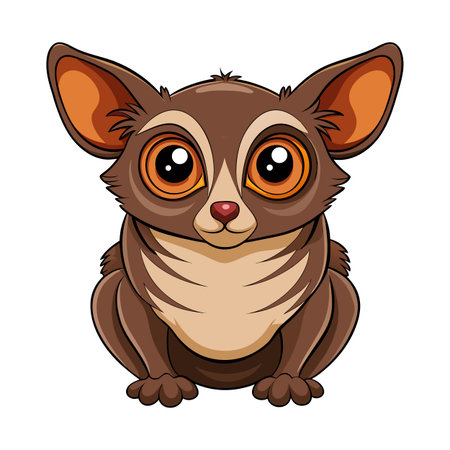 Cute Cartoon Tarsier with Big Eyes Sitting Down on White Backgroundのイラスト素材