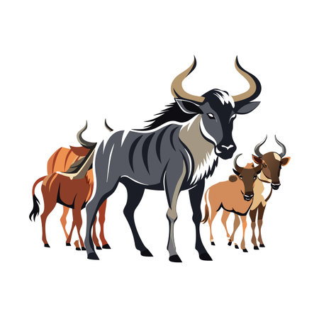 Cartoon-style depiction of a wildebeest family standing isolated on a white backgroundのイラスト素材