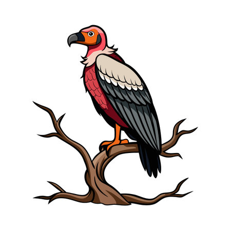 Cartoon-Style Lappet-faced Vulture Perched on Branch against White Background Illustrationのイラスト素材