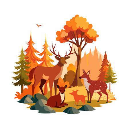 Deer Family in an Autumn Forest Scene with Warm Colors and Graphic Styleのイラスト素材