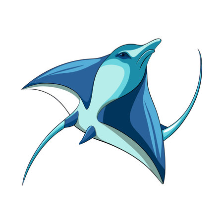 Stylized blue stingray swimming upwards on a clean white background, illustrationのイラスト素材