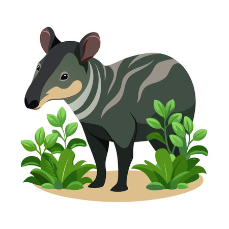 Cartoon Malayan Tapir standing in stylized green foliage on a sand-colored groundのイラスト素材