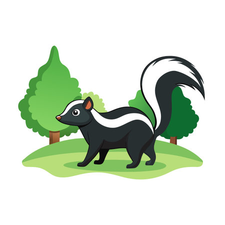 Cute skunk illustration on grassy field with green trees against white backgroundのイラスト素材