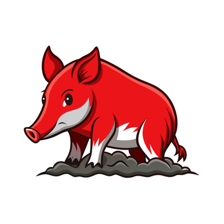 Cartoon red hog or wild boar trotting on muddy ground illustrationのイラスト素材