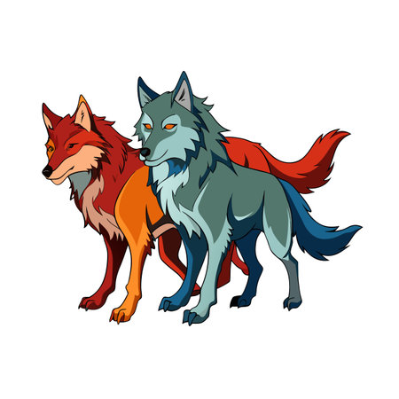 Illustration of two stylized wolves standing side-by-side on a white backgroundのイラスト素材