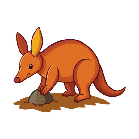 Cartoon aardvark digging, simple illustration style, earth tones, on white backgroundのイラスト素材