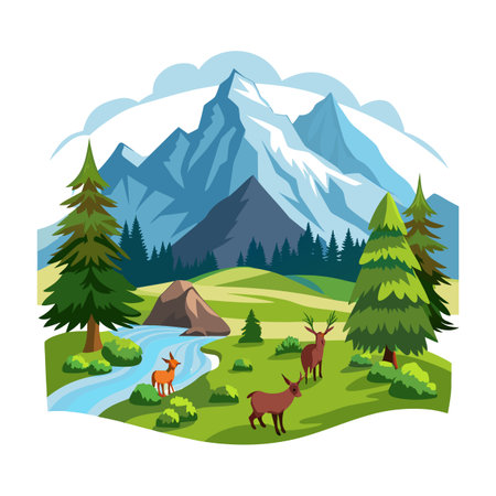 Cartoon Landscape with Mountains, Forest, River and Deer in Flat Styleのイラスト素材