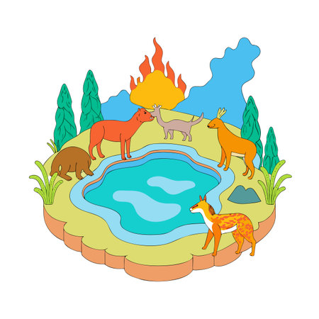 Surreal Animal Landscape with Pond, Trees, and Fire in a Stylized Settingのイラスト素材