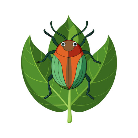 Cartoon beetle resting on a vibrant green leaf in graphic style designのイラスト素材