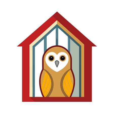 Geometric Owl in a House Frame with Flat Design Elements, Symmetry and Colorのイラスト素材