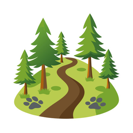 Illustration of winding trail through evergreen forest with animal footprints vector graphicのイラスト素材
