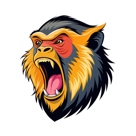 Ferocious monkey head with open mouth illustration in graphic cartoon styleのイラスト素材