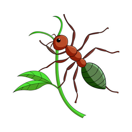 Cartoon ant climbing on a green stem with leaves illustration isolatedのイラスト素材