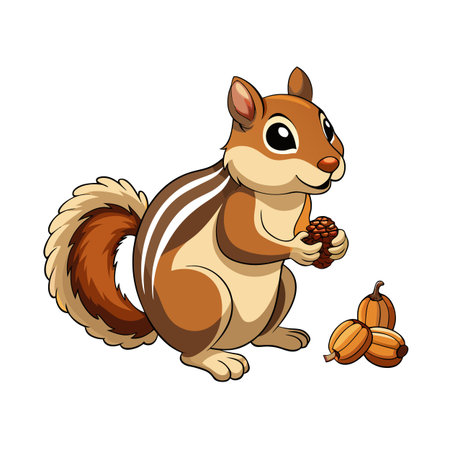 Cartoon Chipmunk Holding Pinecone with Pumpkins in an Animated Autumn Sceneのイラスト素材