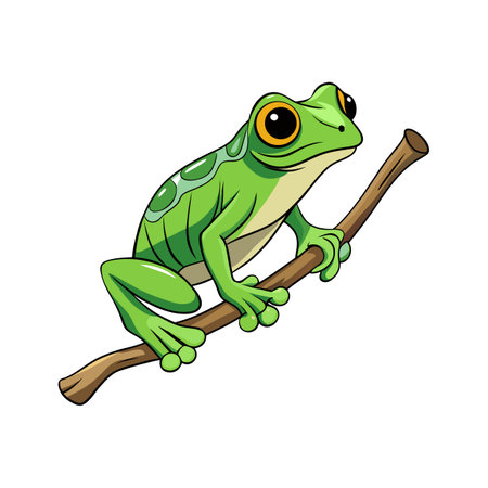 Cartoon Green Tree Frog Perched on a Branch Against White Backgroundのイラスト素材