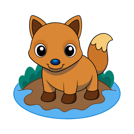 Cute cartoon fox standing on a small island surrounded by water illustrationのイラスト素材