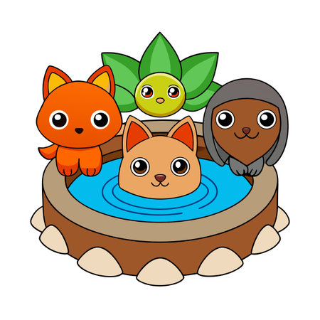 Cartoon animals in a water feature with leaves, a cute illustrationのイラスト素材
