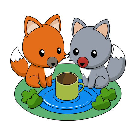 Two cute foxes enjoying coffee together in a cartoon style settingのイラスト素材